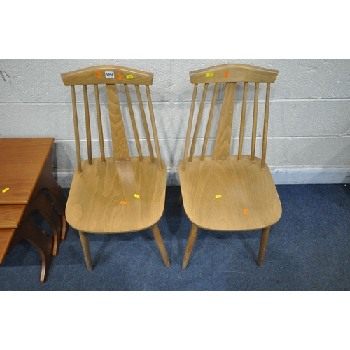 1259 - A PAIR OF ERCOL STYLE SPINDLE BACK CHAIRS, with a central splat, a pine table, a nest of three table... 