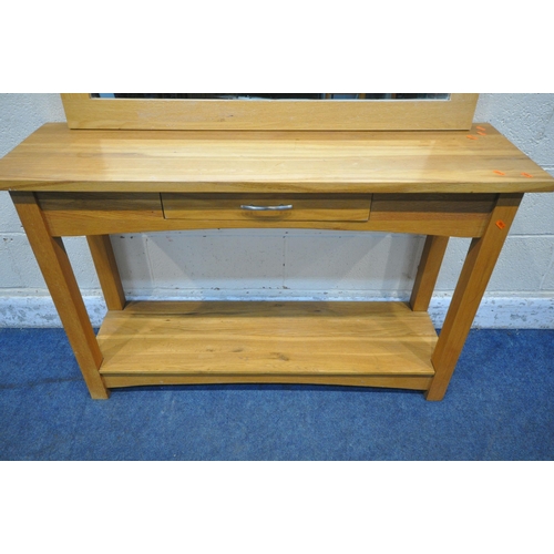 1269 - A SOLID OAK SIDE TABLE, with a single frieze drawer, raised on block legs, united by an undershelf, ... 