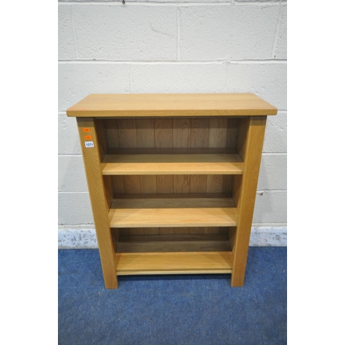 1271 - A SOLID OAK OPEN BOOKCASE, with three adjustable shelves, width 76cm x depth 32cm x height 93cm (con... 