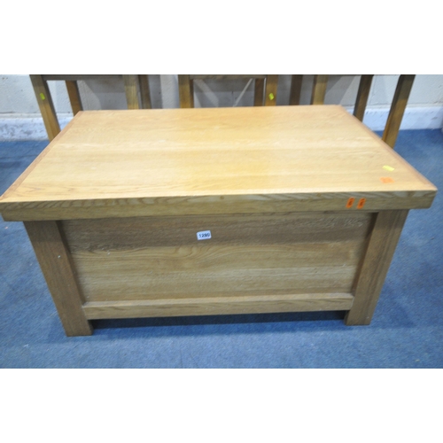 1280 - AN OAK BLANKET CHEST, width 92cm x depth 62cm x height 47cm, and four square oak occasional tables, ... 