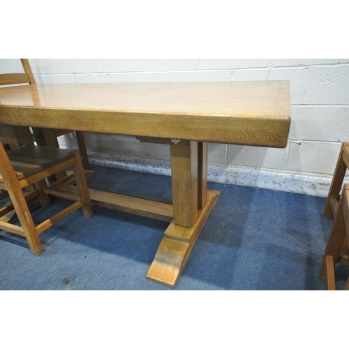 1284 - A HEAVY SOLID OAK TRESTLE DINING TABLE, length 200cm x depth 100cm x height 78cm and six ladderback ... 