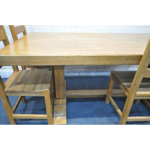 1284 - A HEAVY SOLID OAK TRESTLE DINING TABLE, length 200cm x depth 100cm x height 78cm and six ladderback ... 