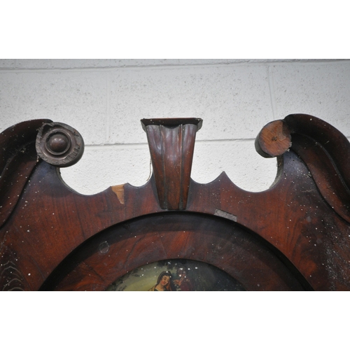 1289 - A GEORGIAN MAHOGANY LONGCASE CLOCK, with twin swan neck pediment and turned supports, flanking an ar... 