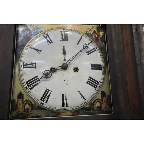 1289 - A GEORGIAN MAHOGANY LONGCASE CLOCK, with twin swan neck pediment and turned supports, flanking an ar... 