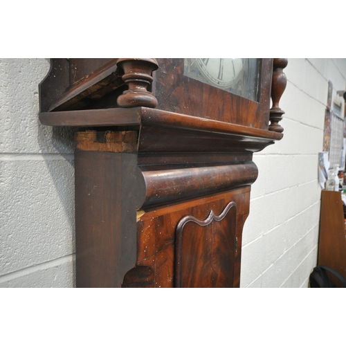 1289 - A GEORGIAN MAHOGANY LONGCASE CLOCK, with twin swan neck pediment and turned supports, flanking an ar... 