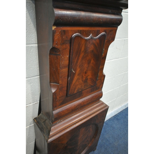 1289 - A GEORGIAN MAHOGANY LONGCASE CLOCK, with twin swan neck pediment and turned supports, flanking an ar... 