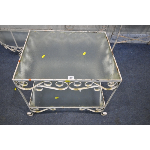 1291 - A SELECTION OF WHITE PAINTED METAL OCCASIONAL FURNITURE, to include a two tier glass rectangular tab... 