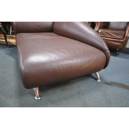 1297 - A LARGE BROWN LEATHER CHAISE LONGUE, on chrome legs, length 170cm x depth 94cm x height 94cm (condit... 