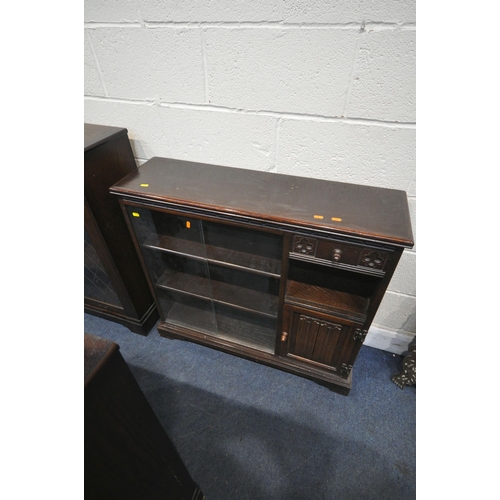 1326 - A PAIR OF 20TH CENTURY OAK LEAD GLAZED DOUBLE DOOR BOOKCASES, width 84cm x depth 30cm x height 98cm,... 