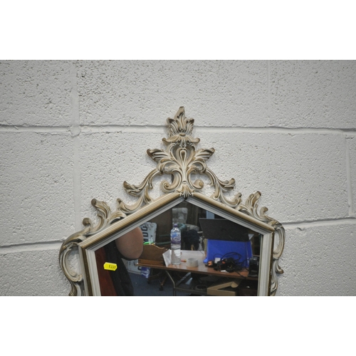 1331 - A GILT FRAMED BEVELED EDGE WALL MIRROR, 88cm x 62cm, another rectangular mirror, a cream painted fla... 