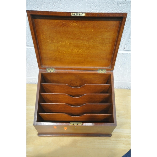 1333 - A LATE 20TH CENTURY MAHOGANY SLOPED DESK ORGANISER, the hinged lid enclosing various divisions, widt... 