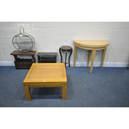 1334 - A MODERN OAK TABLE, with four leaves, 70cm  squared x height 41cm, a beech fold over table, a plant ... 