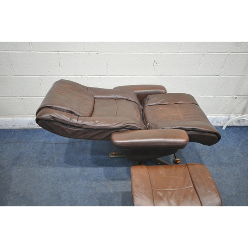 1336 - A BROWN LEATHER SWIVEL RECLINING ARMCHAIR, width 87cm x depth 83cm x height 105cm, along with a foot... 