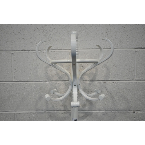 1337 - A WHITE PAINTED COAT / HAT STAND, with six hooks, turned support, raised on three legs, height 180cm... 