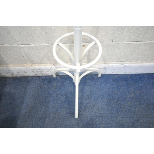 1337 - A WHITE PAINTED COAT / HAT STAND, with six hooks, turned support, raised on three legs, height 180cm... 