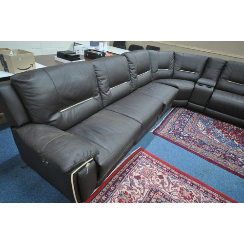 1339 - A LARGE BROWN LEATHER ELECTRIC RECLINING CORNER SOFA, each end reclines and one section with two cup... 