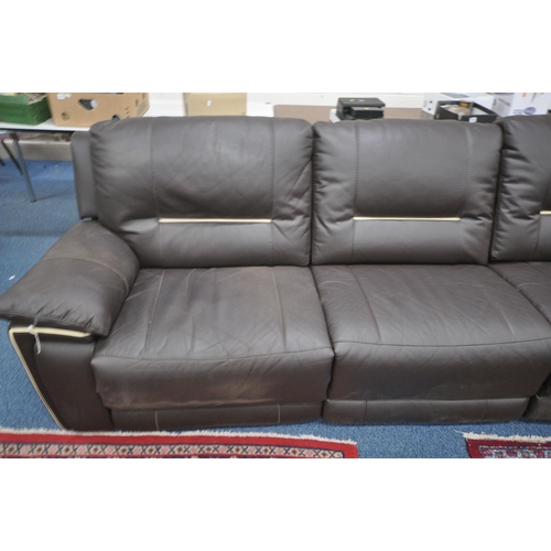 1339 - A LARGE BROWN LEATHER ELECTRIC RECLINING CORNER SOFA, each end reclines and one section with two cup... 