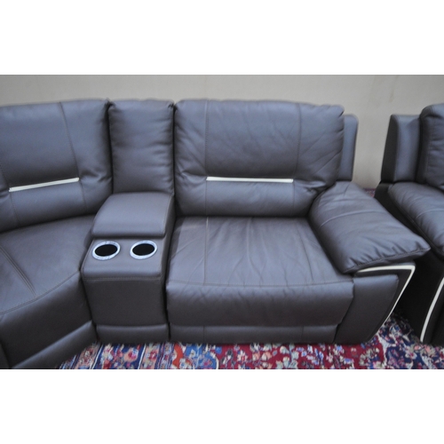 1339 - A LARGE BROWN LEATHER ELECTRIC RECLINING CORNER SOFA, each end reclines and one section with two cup... 