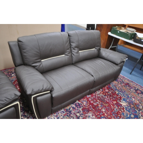 1339 - A LARGE BROWN LEATHER ELECTRIC RECLINING CORNER SOFA, each end reclines and one section with two cup... 