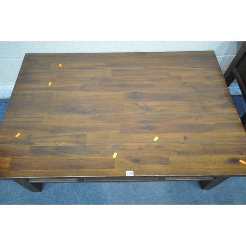 1340 - A HARDWOOD RECTANGULAR COFFEE TABLE, with a double sided drawer, width 120cm x depth 80cm x height 4... 