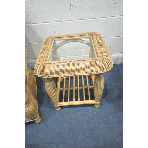 1343 - A RATTAN THREE PIECE CONSERVATORY SUITE, comprising a pair of armchairs, along with a side table, wi... 