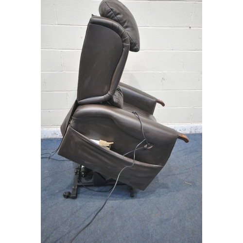 1351 - A BROWN LEATHER UPHOLSTERED RISE AND RECLINE ARMCHAIR, with massage and heat function, width 84cm x ... 