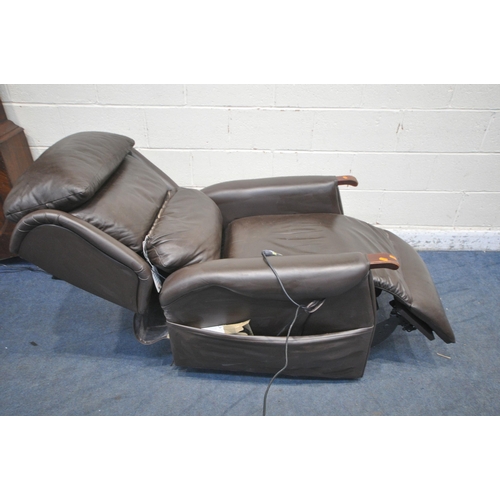 1351 - A BROWN LEATHER UPHOLSTERED RISE AND RECLINE ARMCHAIR, with massage and heat function, width 84cm x ... 