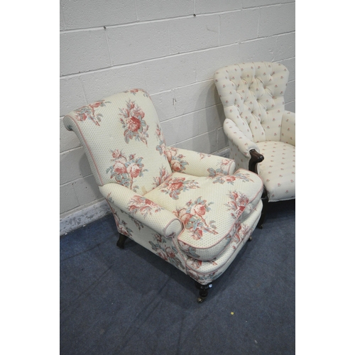 1357 - A REPRODUCTION MAHOGANY HOWARD AND SONS STYLE ARMCHAIR, along with a Victorian and later armchair, b... 