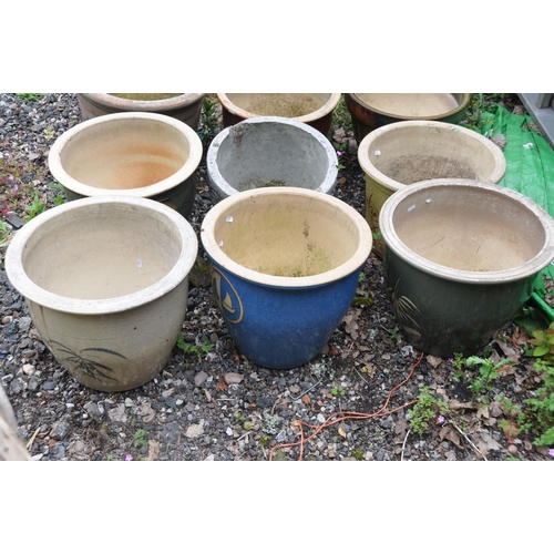 1001 - NINE GLAZED GARDEN PLANTERS, of various sizes, colours, patterns, etc, largest diameter 43cm x heigh... 