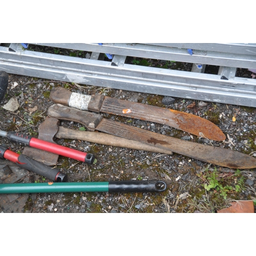 1010 - TWO ALUMINIUM STEP LADDERS, along with a quantity of gardening tools, to include a fork, shovel, axe... 