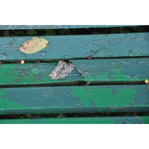 1012 - A GREEN PAINTED GARDEN BENCH, raised on wrought iron legs, length 180cm (condition report: has a cou... 