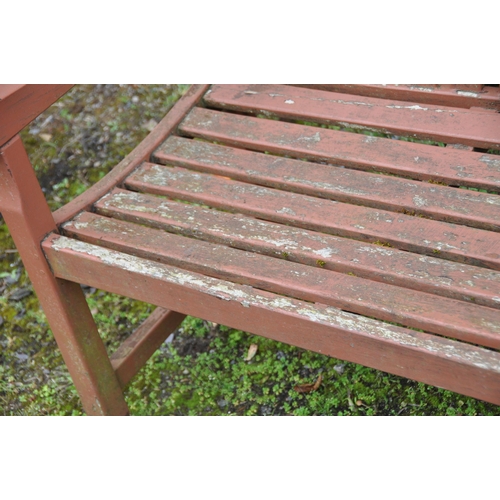 1013 - A PAINTED TEAK GARDEN BENCH, with open armrests, length 150cm (condition report: weathered, needs re... 