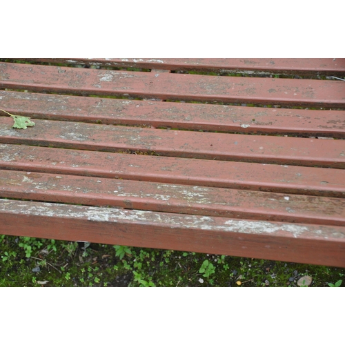 1013 - A PAINTED TEAK GARDEN BENCH, with open armrests, length 150cm (condition report: weathered, needs re... 