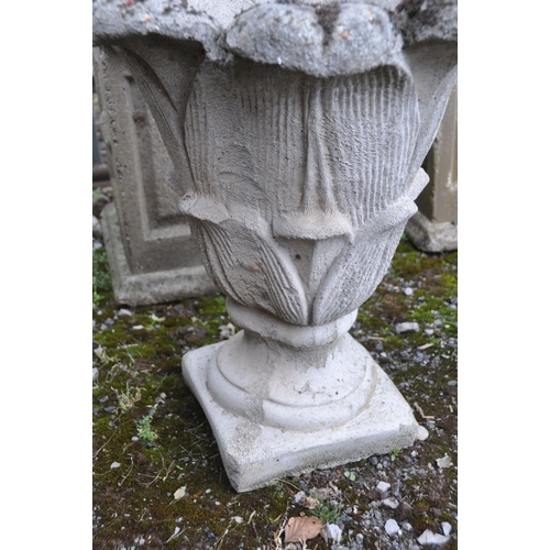 1023 - A PAIR OF COMPOSITE GARDEN URNS, of a tapered form, diameter 48cm x height 57cm (condition report: s... 