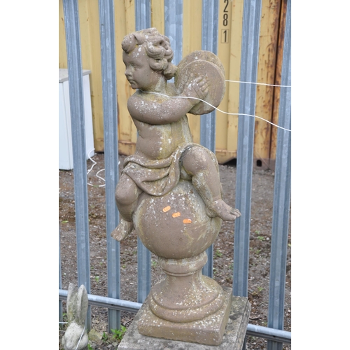 1026 - THREE WEATHERED FIGURES OF PUTTOS PLAYING INSTRUMENTS, seated on a ball, raised on a plinth, height ... 