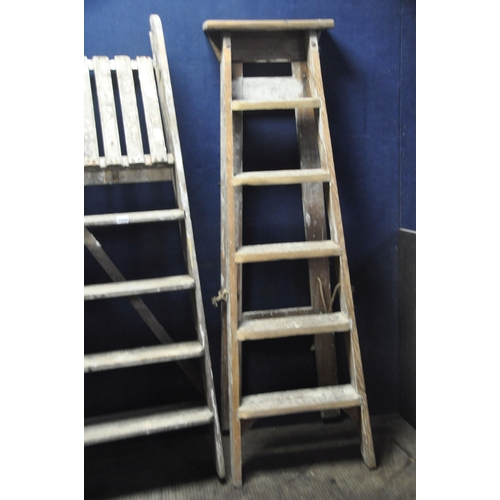 1029 - THREE SETS OF WOODEN STEP LADDERS (condition report: marks, scuffs, stains, other signs of usage) (3... 