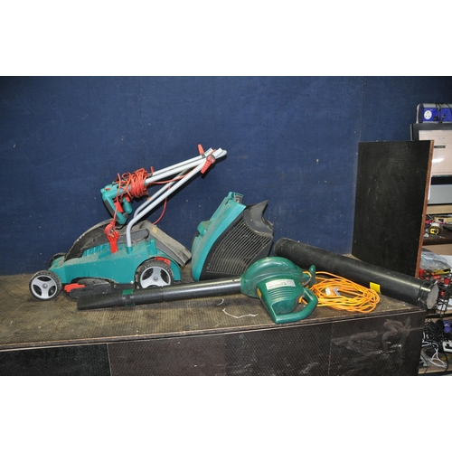 1064 - A BOSCH ROTAK 34 ERGOFLEX LAWN MOWER with grass box and a Performance garden Blower Vac  (no collect... 