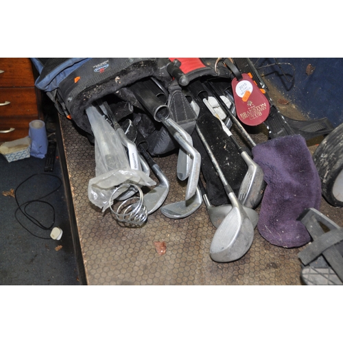 1065 - TWO GOLF BAGS, CLUBS AND TWO TROLLEYS including an UNTESTED Billy Goat electric trolley (no charger ... 