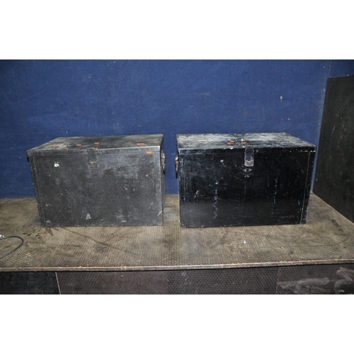 1073 - TWO METAL DEED BOXES CONTAINING TOOLS both widths 61cm depths 39cm heights 39cm