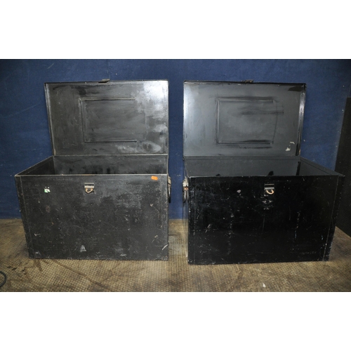 1073 - TWO METAL DEED BOXES CONTAINING TOOLS both widths 61cm depths 39cm heights 39cm