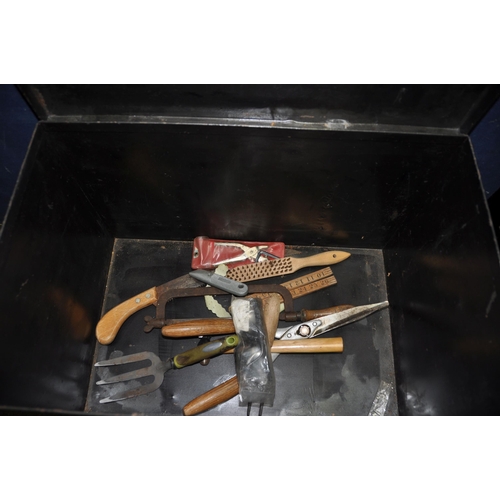 1073 - TWO METAL DEED BOXES CONTAINING TOOLS both widths 61cm depths 39cm heights 39cm