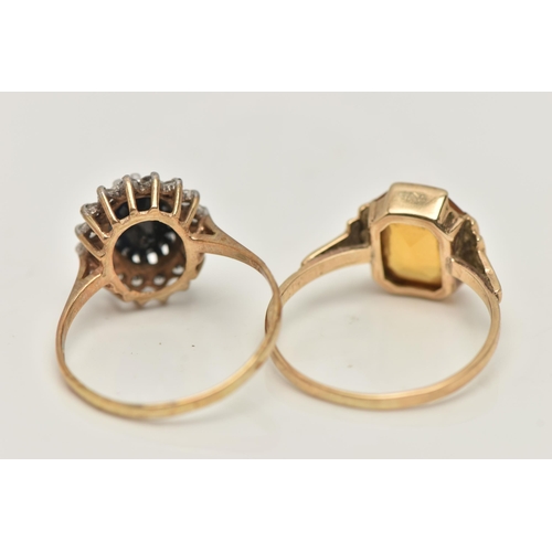 13 - TWO GEM SET RINGS, the first a 9ct gold ring, set with an oval cut sapphire, prong set with a surrou... 