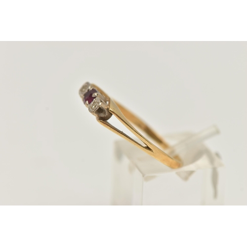 14 - AN 18CT GOLD RUBY AND DIAMOND RING, a single circular cut ruby and two illusion set single cut diamo... 