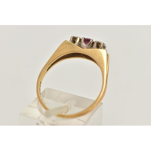 14 - AN 18CT GOLD RUBY AND DIAMOND RING, a single circular cut ruby and two illusion set single cut diamo... 