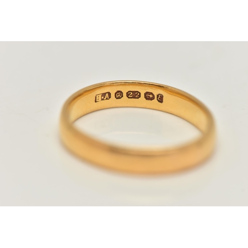 17 - A 22CT GOLD BAND RING, an AF plain polished band ring, approximate band width 3mm, hallmarked 22ct B... 