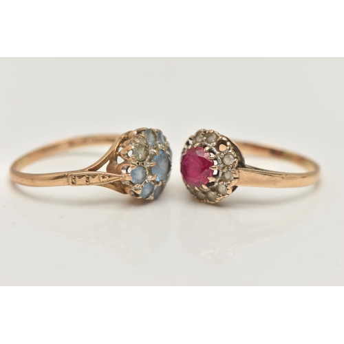 19 - TWO GEM SET RINGS, the first an AF 9ct gold cluster ring, set with a circular cut synthetic ruby and... 