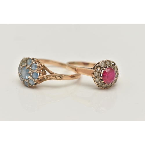 19 - TWO GEM SET RINGS, the first an AF 9ct gold cluster ring, set with a circular cut synthetic ruby and... 