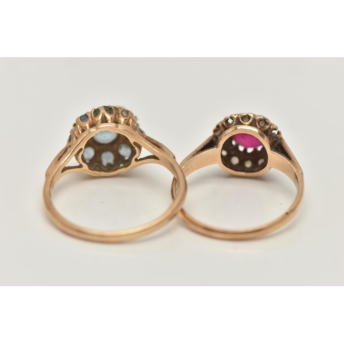 19 - TWO GEM SET RINGS, the first an AF 9ct gold cluster ring, set with a circular cut synthetic ruby and... 