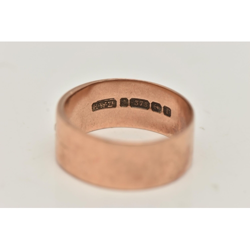 2 - A 9CT GOLD WIDE BAND RING, a flat polished rose gold band ring, set with a single old cut diamond in... 