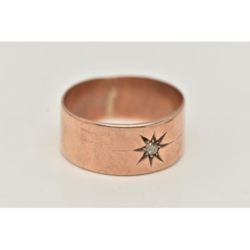 2 - A 9CT GOLD WIDE BAND RING, a flat polished rose gold band ring, set with a single old cut diamond in... 